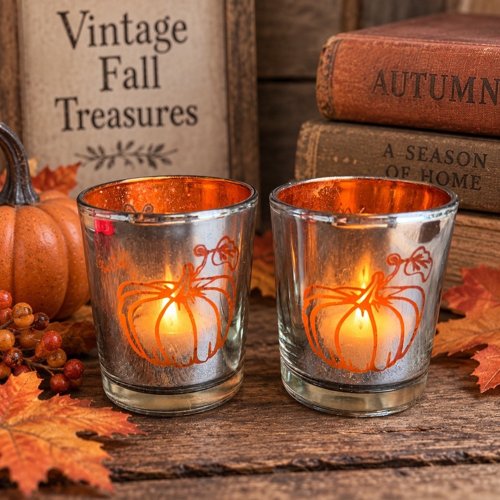 Mercury Glass Pumpkin Votive Candle Holders Set of 2 Orange Silver Fall Decor